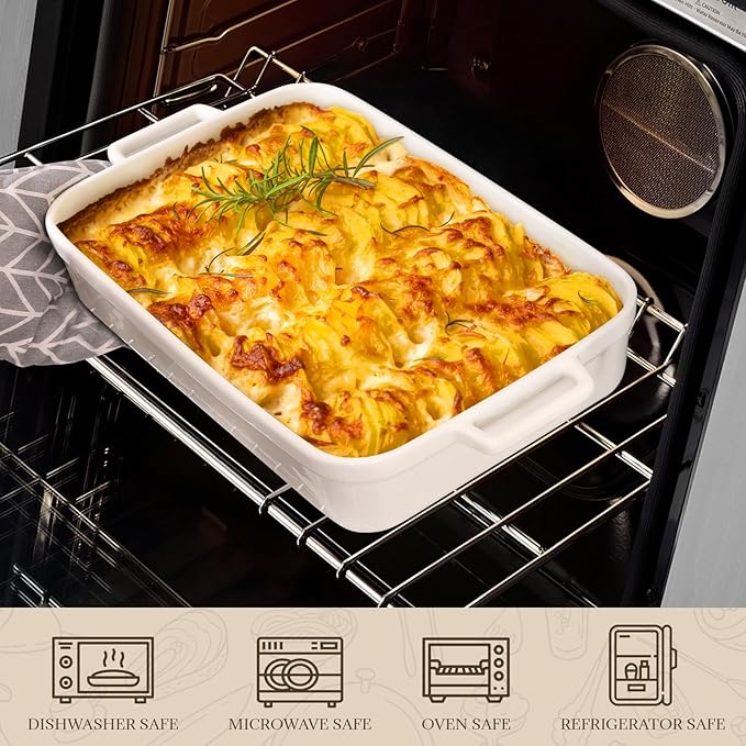 Casserole Dish,Large Baking Dish Cookware,Deep Lasagna Pan for Oven,Ceramic Bakeware for Baking, Easy to Clean (White, 5.5 Quart,No Lid)