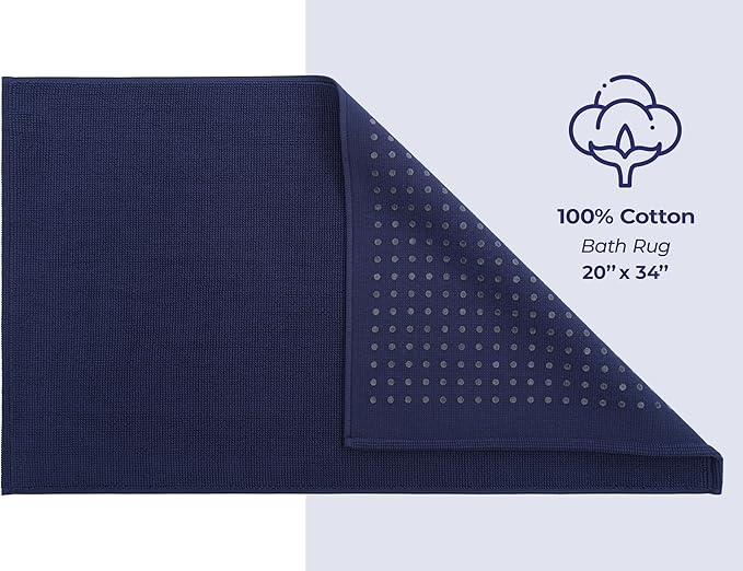 American Soft Linen Bath Rug, 20 in 34 in 100% Cotton Bath Mats Rugs for Bathroom, Slip Reducer Washable Shaggy Form Area Rugs, Navy Blue Bath Rug