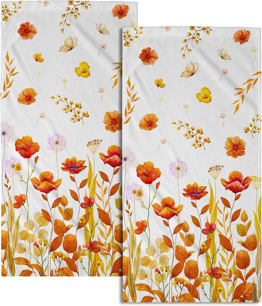 Imiss Orange Wildflowers Hand Towels Fall Yellow Poppy Floral Watercolor Botanical Bathroom Towel Set of 2 Autumn Seasonal Soft Absorbent Bath Guest Towels for Gym,Spa,Hotel