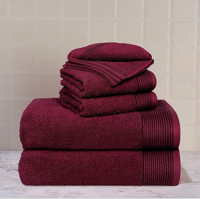 Belizzi Home 100% Cotton Ultra Soft 6 Pack Towel Set, Contains 2 Bath Towels 28x55 inchs, 2 Hand Towels 16x24 inchs & 2 Washcloths 12x12 inchs, Compact Lightweight & Highly Absorbant - Burgundy