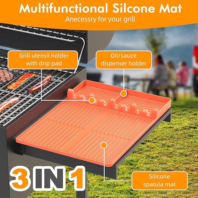Silicone Griddle Tool Mat Compatible with Blackstone Weber - Flat Top Grill Pellet Smoker Side Shelf Spatula Mat with Drip Pad - Gifts for Men BBQ Grilling Accessories(Orange-2Pcs)