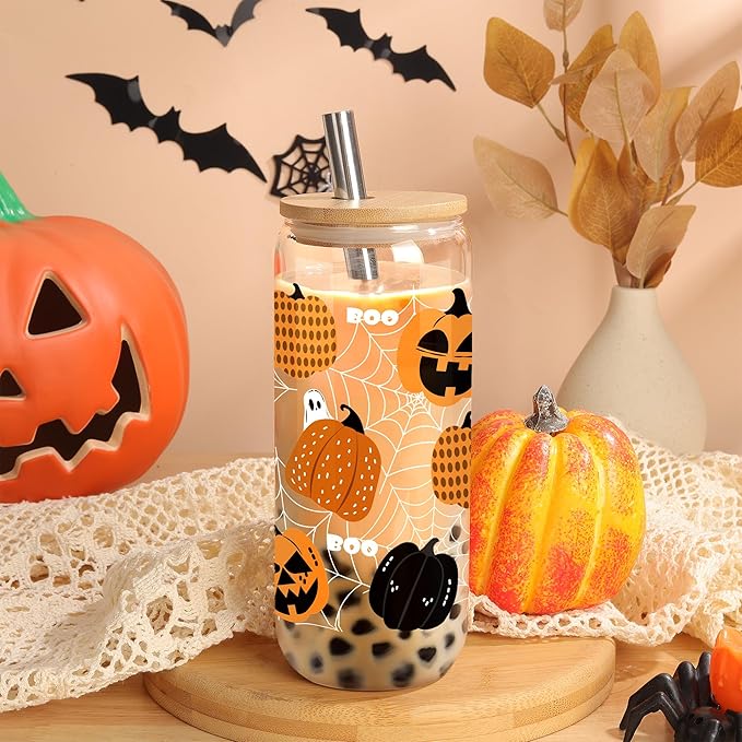 Joeyan Halloween Glass Cups with Lids and Straws,20 oz Iced Coffee Tumbler with Pumpkin Ghost Cobweb Patterns,Cute Funny Can Shaped Beer Drinking Glasses,Holiday Gifts for Women Mom Friend Teen