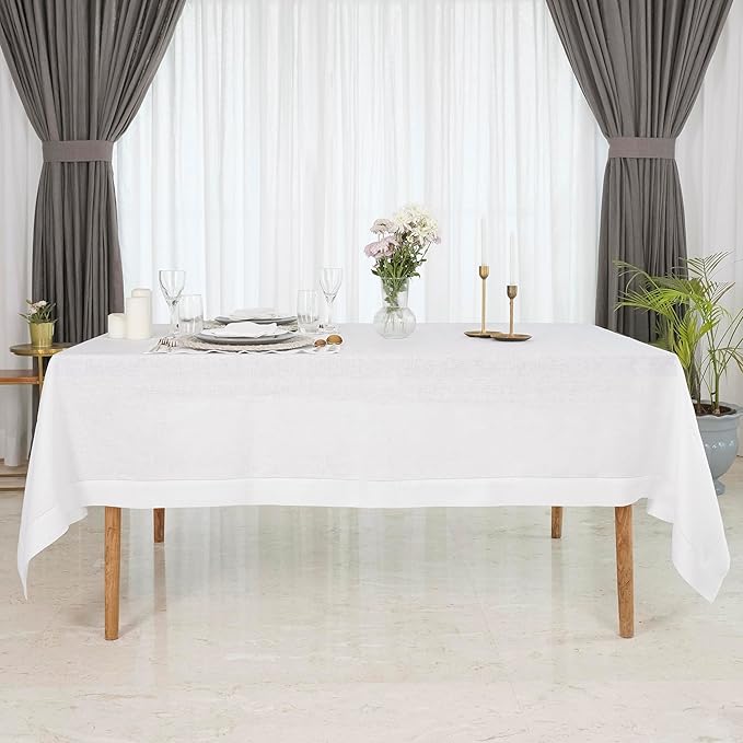 D'Moksha Homes White Linen Tablecloth for Rectangle Tables 60 x 102 Inch - Classic Hemstitch 100% Pure Linen White Table Cloth - Machine Washable Dining Tablecloth for Christmas, Holiday, New Year