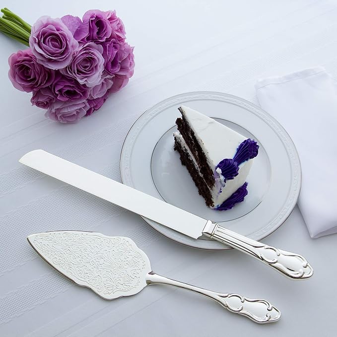 Ella Celebration Cake Knife Server Set Silver Wedding or Anniversary, Vintage Party Supplies Decoration (Elegant Silver)