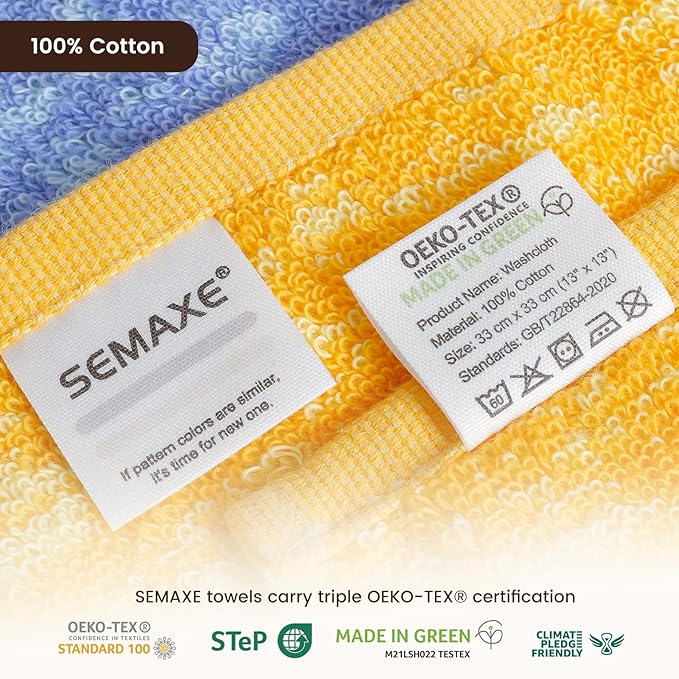 SEMAXE 100% Cotton Washcloths for Bathroom - 24 Pack, Quick-Dry Face Towels with Hanging Loop, Highly Absorbent and Soft, 13x13 Inch, Yellow | Blue