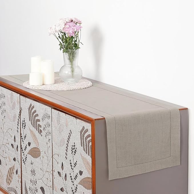 D'Moksha Homes Linen Natural Table Runner 84 Inches Long - 100% Pure Linen Table Runner 14 x 84 Inch for Winter, Holiday, New Year - Classic Hemstitch