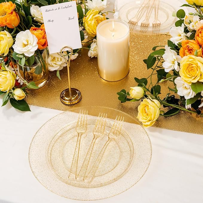 YOUBET 50PCS Gold Glitter Plastic Forks - Heavy Duty Plastic Forks - Solid Durable Gold Glitter Disposable Silverware for Party Picnic Wedding and Daily Use