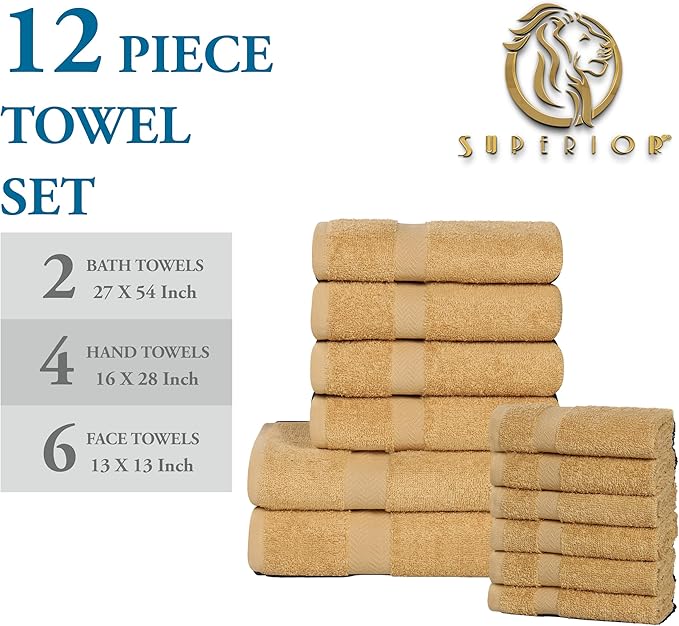 Superior 12-Piece Cotton Assorted Towel Set, Includes 6 Face/Washcloths, 4 Hand, and 2 Bath Towels, Lightweight Essentials, for Home, Gym, Beach, Bathroom, Quick Drying, Franklin Collection, Gold