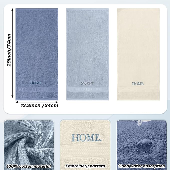 3 Pcs Home Sweet Home Hand Towels Farmhouse Decorative Embroidered Bathroom Hand Towels Rustic 100% Cotton Blue Set for Boho Bathroom Kitchen Decor