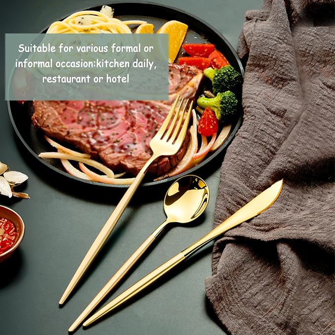 Modern Gold silverware Set,Premium 18/10 Stainless Steel,Heavy duty,Sturdy,Sharp Practical steak knives,Matte gold Handle,Mirror Polished Finish,Kitchen Essential, (golden)