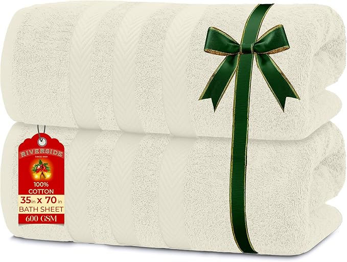 RIVERSIDE Pack of 2 Extra Large Bath Sheets 35 x 70 Inches - 100% Ring Spun Cotton Hotel Quality Oversized Bath Towels - Super Soft, Highly Absorbent & Quicker to Dry - Cannoli Cream