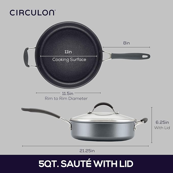 Circulon A1 Series with ScratchDefense Technology Nonstick Induction Sauté Pan with Helper Handle and Lid, 5 Quart, Graphite