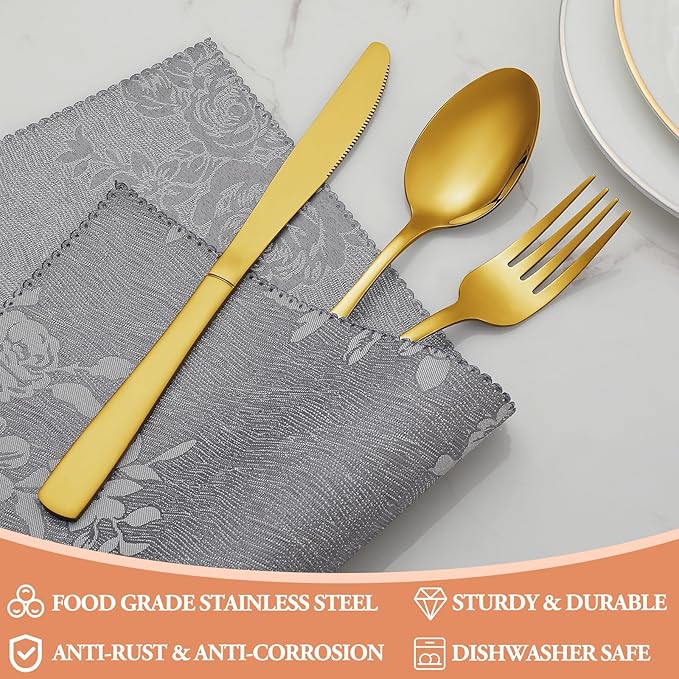 20 Pcs Gold Silverware Set, Stainless Steel Flatware Set for 4, Food-Grade Cutlery Set, Mirror Polished Tableware Eating Utensils Set for Home Kitchen, Include Knife Fork Spoon Set, Dishwasher Safe