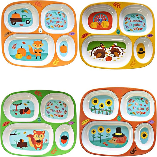 4E's Novelty Set of 4 Fall Thanksgiving Melamine Dinnerware Sets for Kids – Autumn Sectioned Toddler Plates With Dividers, BPA-Free Reusable Dishwasher Safe