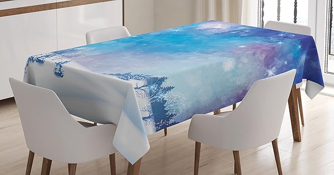 Ambesonne Night Sky Tablecloth, Christmas Themed Abstract Snow Winter Scenery Pine Trees, Dining Room Kitchen Rectangular Table Cover, 52" X 70", Pale Blue