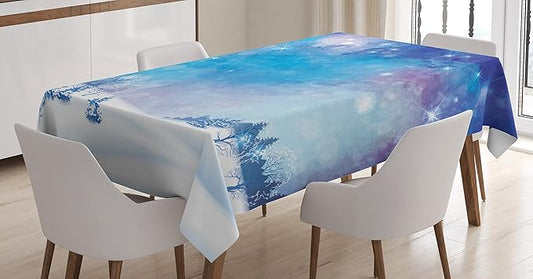 Ambesonne Night Sky Tablecloth, Christmas Themed Abstract Snow Winter Scenery Pine Trees, Dining Room Kitchen Rectangular Table Cover, 52" X 70", Pale Blue