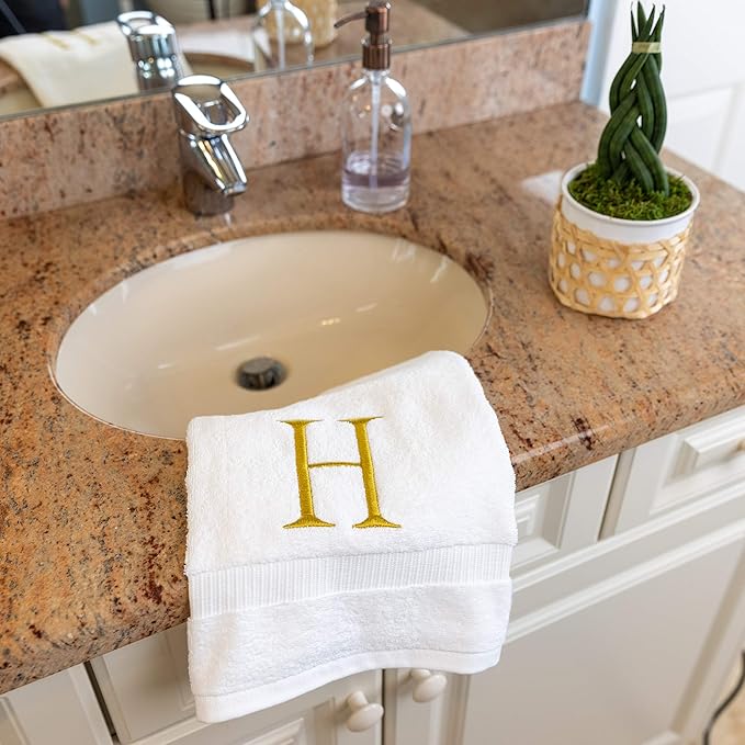 Monogrammed Hand Towels for Bathroom - Luxury Hotel Quality Personalized Initial Decorative Embroidered Bath Towel for Powder Room, Spa - GOTS Organic Certified - Set of 2 Gold Letter H