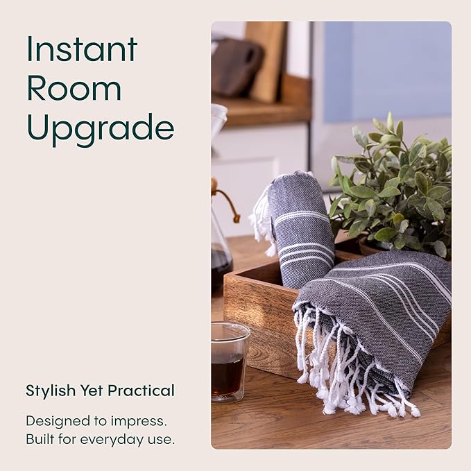 WETCAT Turkish Hand Towels with Hanging Loop, Set of 2 (20" x 30") 100% Turkish Cotton, Pre-Washed, Quick Drying, for Kitchen or Bathroom - Black