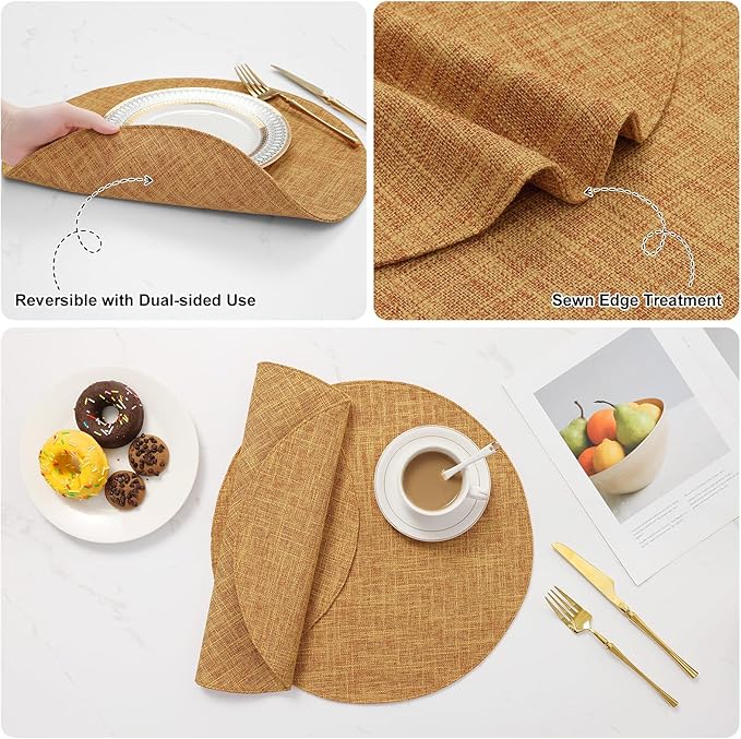 homing 15 Inch Round Cloth Placemats Set of 6, Cotton Linen Blend Washable Table Mats, Farmhouse Dining Place Mats for Indoors & Outdoors, Easy to Clean, Amber