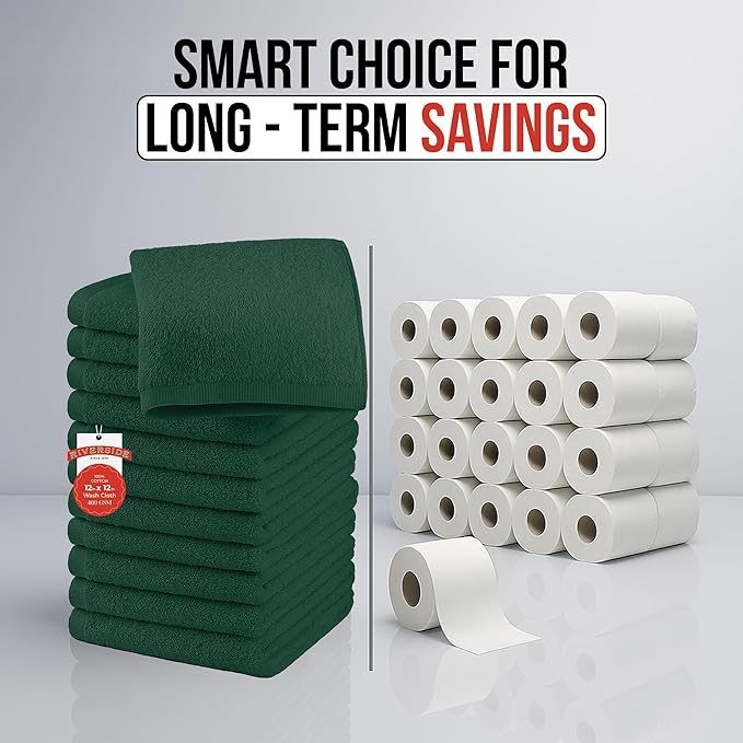 RIVERSIDE 12 Pack Washcloths - 12x12 Inches, 400 GSM, 100% Ring-Spun Cotton - Soft, Absorbent & Durable Face and Body Towels - for Bathroom, Spa, Gym, Makeup Removal & Everyday Use - Hunter Green