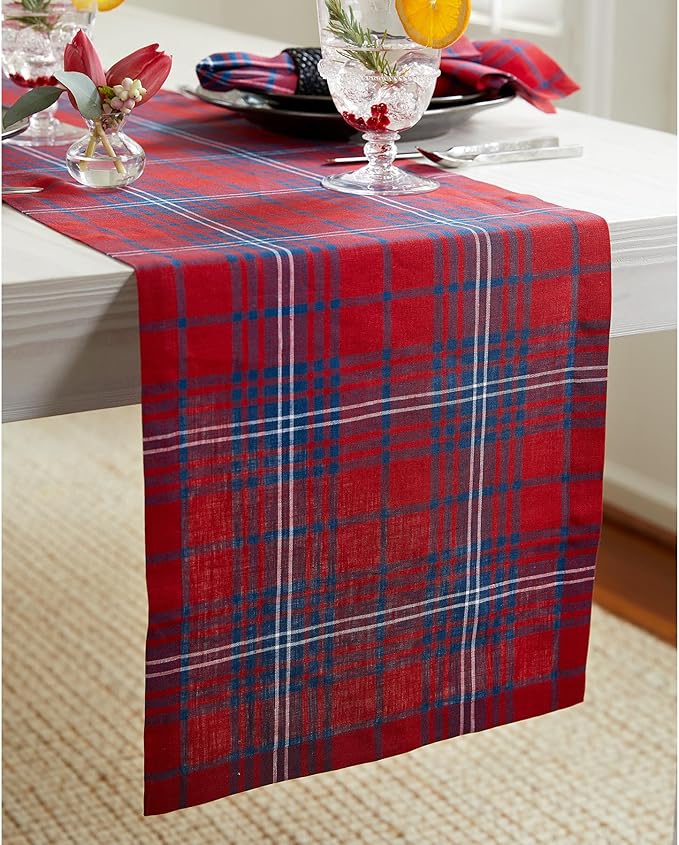 Solino Home Linen Table Runner 120 Inches Long - 100% Pure Linen Red and Navy Tartan Plaid Table Runner 14 x 120 Inch for Dining, Holiday, New Year
