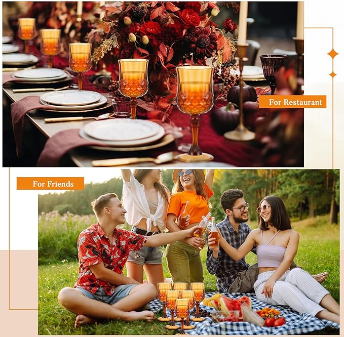 Pinkunn 6 Pcs 7 oz Plastic Vintage Wine Glasses Reusable Colored Goblets Patterned Drinking Water Glasses Cup Dishwasher Safe for Christmas Wedding Reception Party Supplies (Amber)