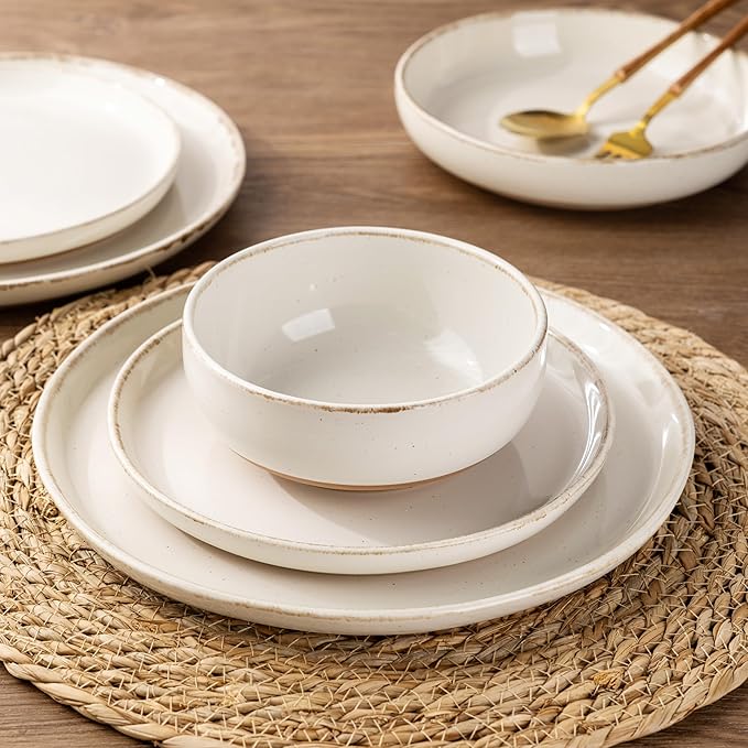 AmorArc Ceramic Dinnerware Sets with Pasta Bowls for 6, Handpainted Plates and Bowls Set with Rustic Terracotta Underside, Scratch Resistant Dishes Set, Dishwasher & Microwave Safe, 24 Pcs