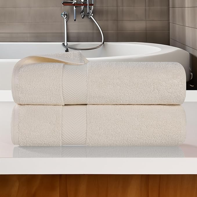 Superior Zero Twist 100% Cotton Bath Towels, Super Soft, Fluffy and Absorbent, Premium Quality Oversized Bath Towel Set of 2, Ivory