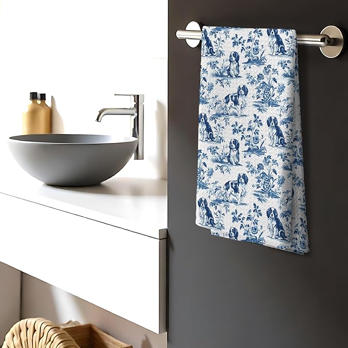Chinoiserie Cavalier King Charles Spaniel Kitchen Towels, Cavalier Spaniel Gifts Decorative Dish Tea Towels, Blue and White Grandmillennial Dog Hand Towels for Kitchen Bathroom, 16x24 Inch