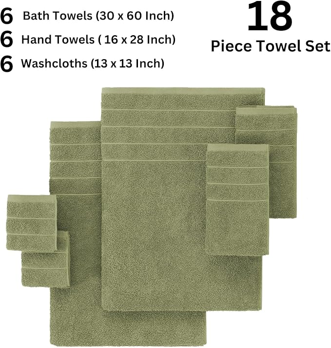 Casa Platino 100% Mercerized Cotton Bathroom Towel Set - 18 Pcs, Hotel Quality - Super Soft & Highly Absorbent - Ring Spun - 6 Large Bath Towels, 6 Washcloths, 6 Hand Towels - Family Pack - Oil Green