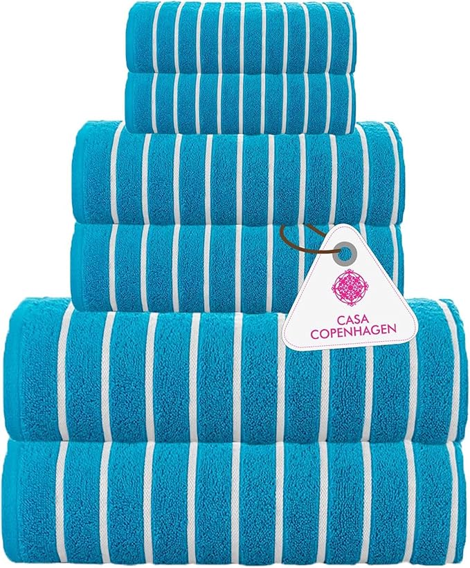 CASA COPENHAGEN Ecstatic 6 Pieces Towel Set- Teal Blue, 600 GSM 2 Bath Towel 2 Hand Towel 2 Washcloth, Designed in Denmark Made of Soft Egyptian Cotton for Bathroom, Kitchen & Shower.