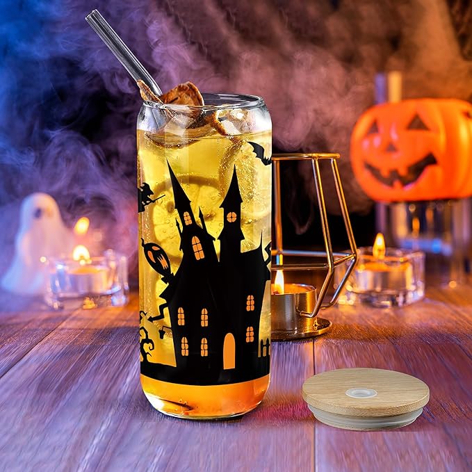 Joeyan Halloween Glass Cups with Lids and Straws,20 oz Haunted House and Cat Iced Coffee Tumbler,Funny Can Shaped Beer Drinking Glasses,Holiday Gifts for Women Mom Friend Teen
