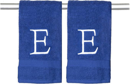 Navy Monogram Hand Towel for Bathroom - Monogrammed Initial Hotel Quality Decorative Embroidered Luxury Towel for Powder Room, Spa - GOTS Organic Certified - Set of 2 White Letter E