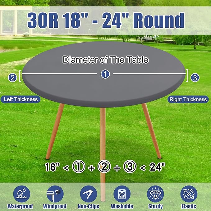 Round Spandex Tablecloth, Elastic Fitted Waterproof Tablecloths for 18"-24" Tables, Stretch Washable Picnic Table Cover for Camping, Dining, Indoor and Outdoor, Grey