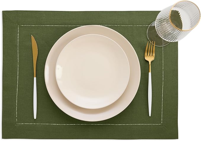 Solino Home Linen Cloth Placemats Set of 4-100% Pure Linen Hemstitch Olive Placemats 14 x 19 Inch - Classic Hemstitch Table Place Mats for New Year