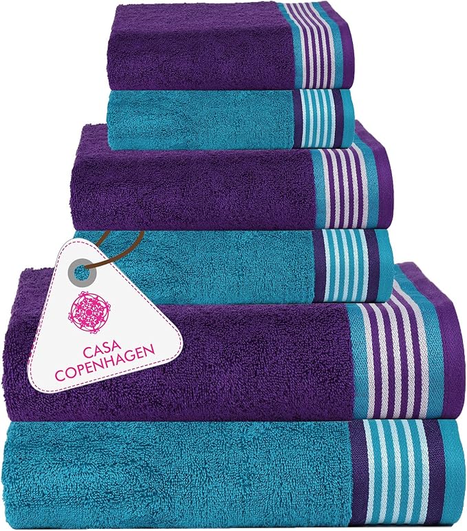 CASA COPENHAGEN Designed in Denmark 550 GSM 2 Large Bath Towels 2 Large Hand Towels 2 Washcloths, Super Soft Egyptian Cotton 6 Towels Set for Bathroom, Kitchen & Shower - Violet Indigo & Teal Green