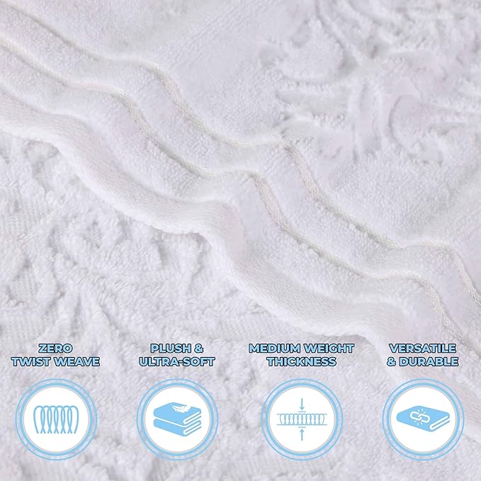 Superior Cotton 8 Piece Assorted Floral Towel Set, Includes 2 Bath, 2 Hand, 4 Washcloth/Face Towels, Quick Dry, Home Essentials, Shower, Spa, Luxury Plush Soft Absorbent Towels, Zero Twist, White