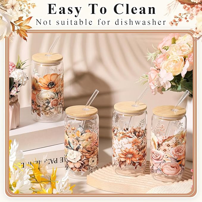 Mumufy Gift for Women Cute Glass Cup Tumbler Flower Iced Coffee Mugs 16 oz Glass with Bamboo Lid & Straw, Mothers Day Birthday Gift for Mom Sister Bridesmaid Baby Shower(4 Pack,Fall Flower)
