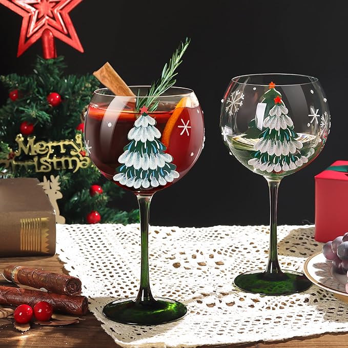 Joeyan Christmas Crystal Balloon Wine Glasses,Hand Painted Large Wine Goblet Glass Cups with Stem,Gin Tonic Cocktail Drinking Glasses with Green Xmas Tree and Snowflakes Patterns,19.5 oz,Set of 2