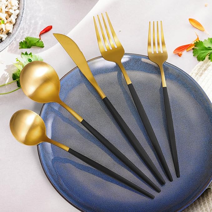 Gold Silverware Set for 8, MIKIWAY Matte Gold With Black Handle Flatware Set, 40 Pieces Stainless Steel Cutlery Tableware Set, Kitchen Utensils Set Include Spoons And Forks Set, Dishwasher Safe