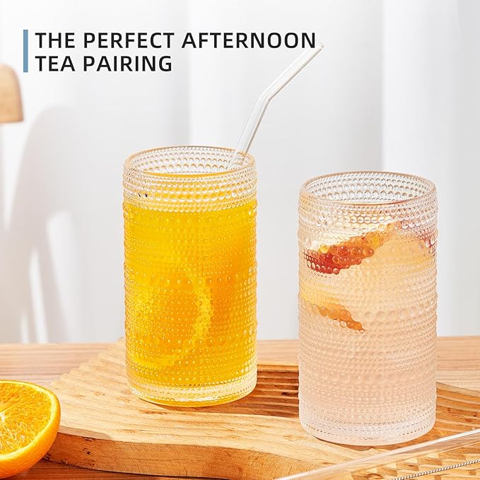 16oz Hobnail Drinking Glasses Set of 12, Vintage Large Capacity Embossed Clear Tumblers, Highball Glasses for Water, Cocktail, Beer, Whiskey, Juice & Bar Use