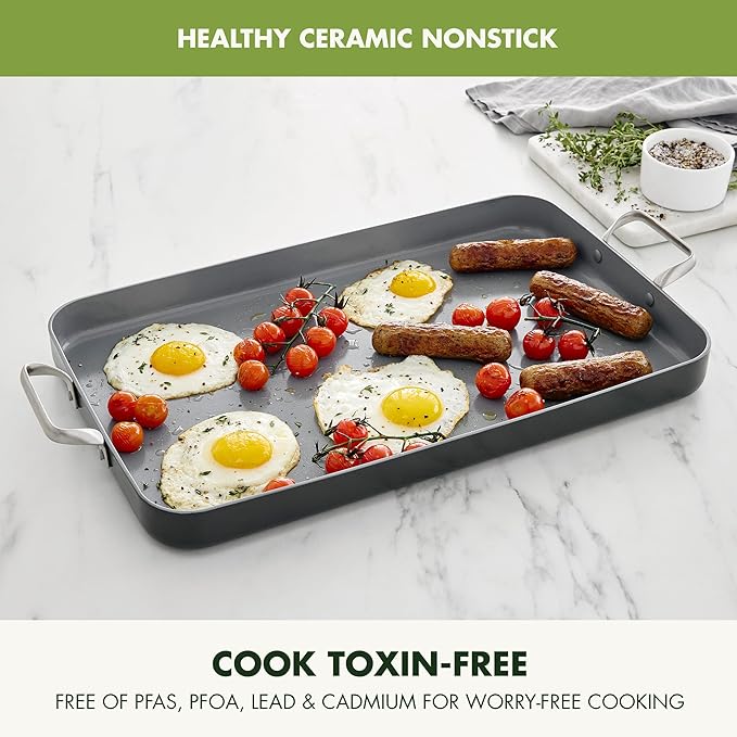 GreenPan Valencia Pro 18" x 11" Double Burner Griddle Pan, Induction Suitable, Ceramic Nonstick PFAS-Free, Rectangular Stovetop Cookware, Stainless Steel Handles, Dishwasher, Oven & Broiler Safe, Gray