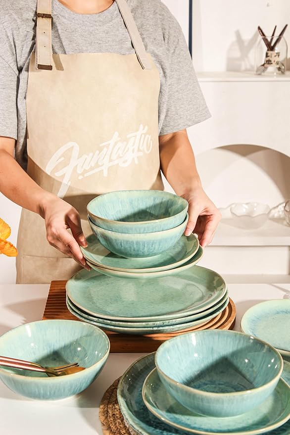 Decosignature Modern Plates and Bowls Sets 12-Piece Ceramic Dinnerware Set for 4 Blue Kitchen Plates and Bowls Microwave Dishwasher and Oven Safe Stackable Tableware Dinnerware Sets for Everyday Use