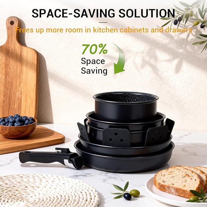 Ammeloo 21-Piece Ceramic Pots and Pans Set Non Stick with Detachable Handles and Egg Frying Pan, Non-Toxic Cookware, Induction Ready, Oven Safe, Stackable for Storage, Black Speckled