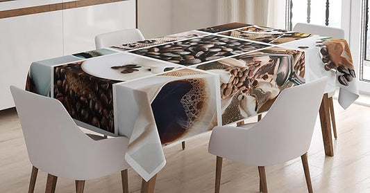 Ambesonne Coffee Tablecloth, Collage of Coffee and Products Beans Deserts Ice Cream Cinnamon Hot Drink, Dining Room Kitchen Rectangular Table Cover, 52" X 70", Brown