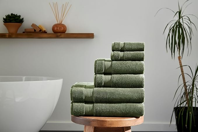 Ozdilek 6-Piece Bath Towel Set, 2 Bath, 2 Hand, 2 Wash, 100% Cotton Turkish Towels, 2 Bath Towels (30x60/550 GSM), 2 Hand Towels (16x30/575 GSM), 2 Washcloths (13x13/600 GSM) (Fern Green)