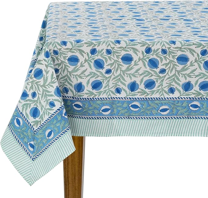 Ridhi Queen Blue Hand Block Print Cotton Rectangle Tablecloth 120" x 80" inches Reusable Table Cover Decorative Everyday Use for Dining, Farmhouse, Home, Party, Festive, Wedding, Fall
