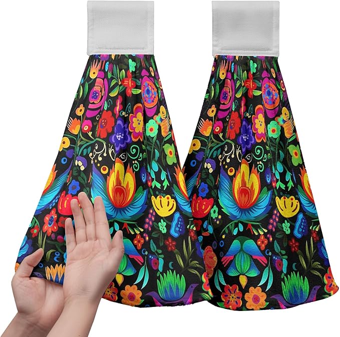Mexican Day of The Dead Kitchen Towels with Hanging Loop Halloween Floral Hanging Hand Towel Holiday Dish Tie Towels Soft Absorbent Bathroom Kitchen Decoration