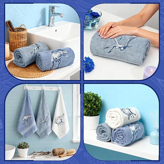 3 Pcs Dinosaur Decorative Hand Towels for Bathroom 13.5x29.5in Funny Dino Embroidered Bathroom Towels, Soft Absorbent 100% Cotton Hand Towels for Bath Room Kitchen(Blue)