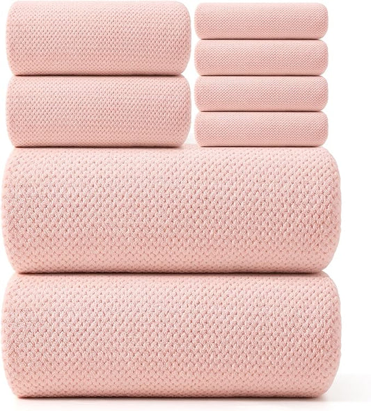REDKISS Pink Towel Set of 8 - Ultra Soft Microfiber, Contains 2 Large Bath 35x70, 2 Hand 14x30, 4 Washcloths 14x14, Highly Absorbent, Quick Dry, Ideal for Everyday use, Hotel & Spa, Pink